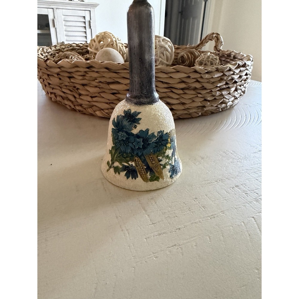 Vintage Style Hand-Painted Ceramic Bell – Blue Floral & Wheat Decoupage Decor
